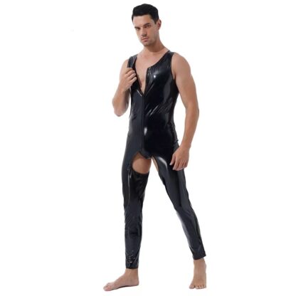 Open Crotch Glossy Faux Leather Bodysuit - Image 2