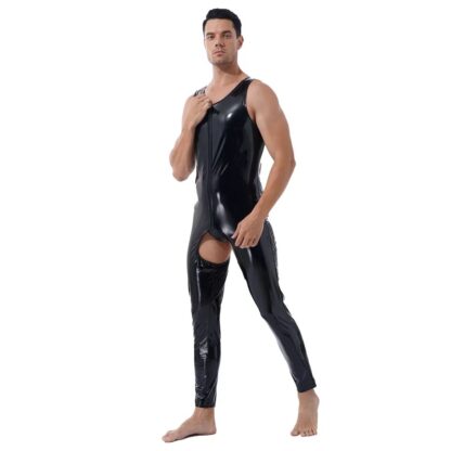 Open Crotch Glossy Faux Leather Bodysuit - Image 3