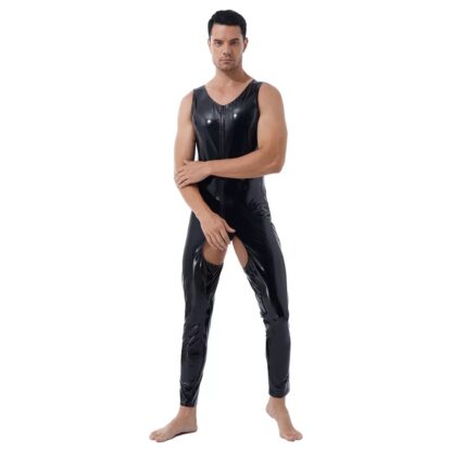 Open Crotch Glossy Faux Leather Bodysuit - Image 5