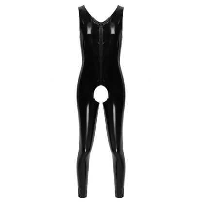 Open Crotch Glossy Faux Leather Bodysuit - Image 6