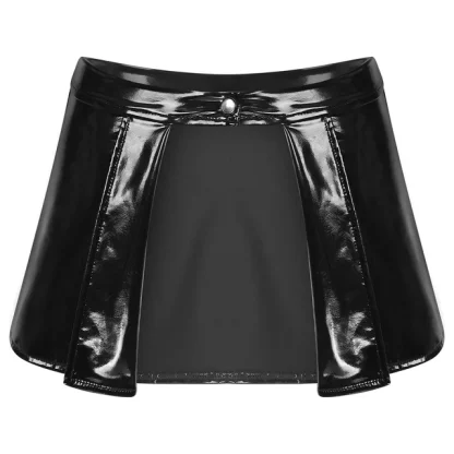 Open Front Wet Look Faux Leather Mini Skirt